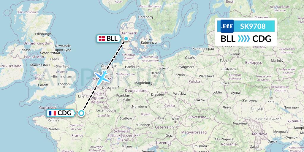 SK9708 SAS Flight Map: Billund to Paris