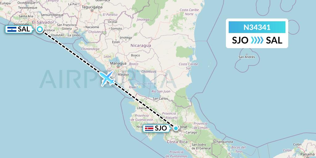 N34341 Vuela El Salvador Flight Map: San Jose to San Salvador