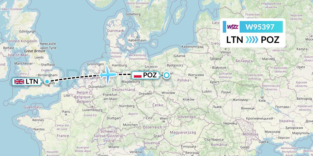 W95397 Wizz Air UK Flight Map: London to Poznan