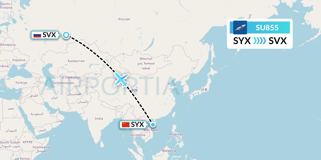 SU855 Aeroflot Flight Map: Sanya to Yekaterinburg