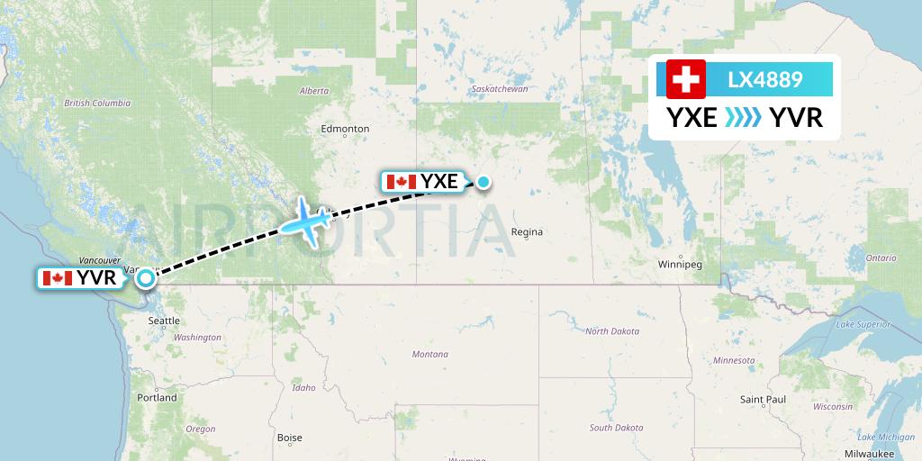 LX4889 Swiss Flight Map: Saskatoon to Vancouver