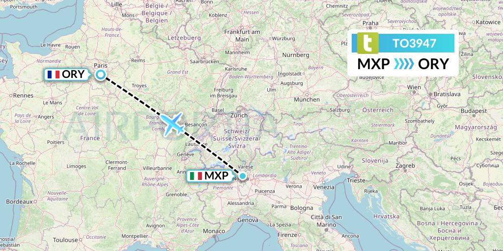TO3947 Transavia France Flight Map: Milan to Paris