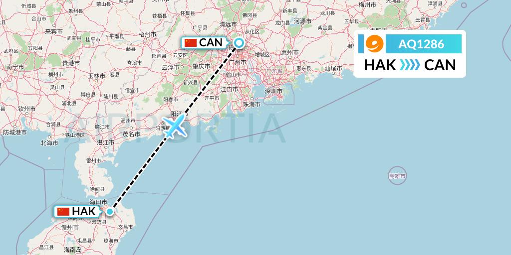 AQ1286 9 Air Flight Map: Haikou to Guangzhou