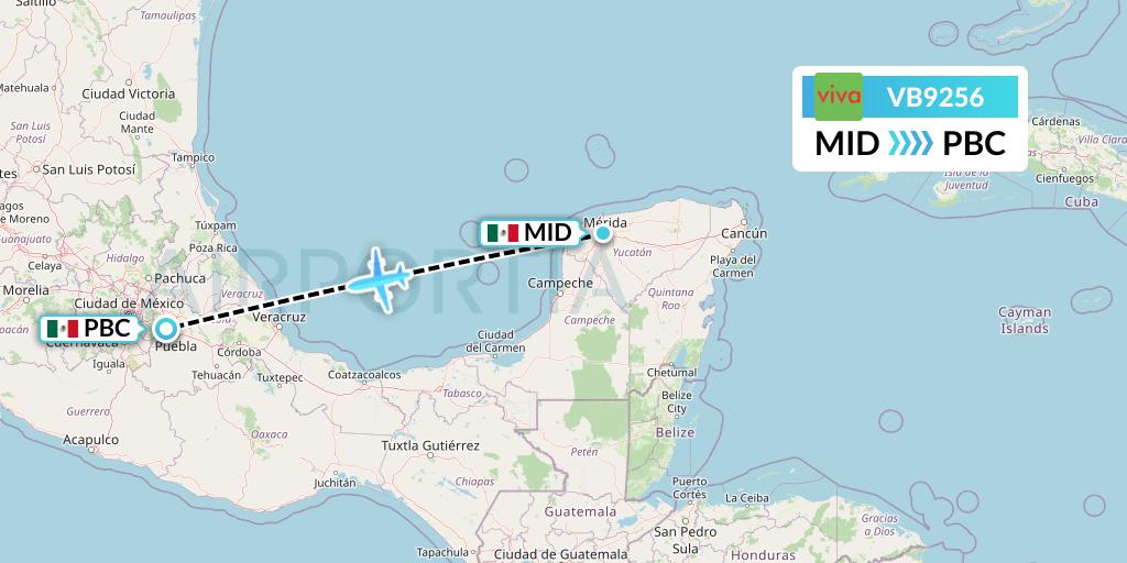 VB9256 VivaAerobus Flight Map: Merida to Puebla