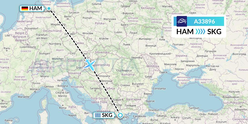 A33896 Aegean Airlines Flight Map: Hamburg to Thessaloniki