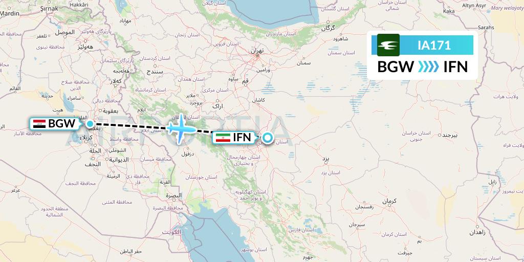 IA171 Iraqi Airways Flight Map: Baghdad to Isfahan