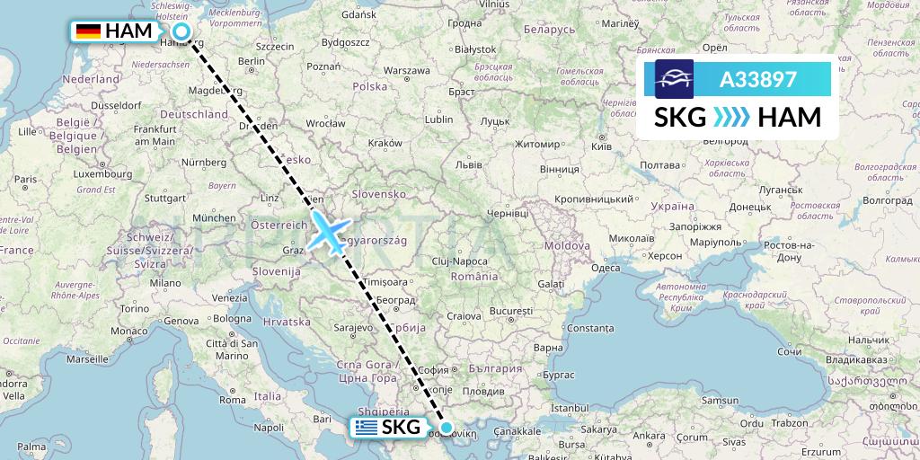 A33897 Aegean Airlines Flight Map: Thessaloniki to Hamburg