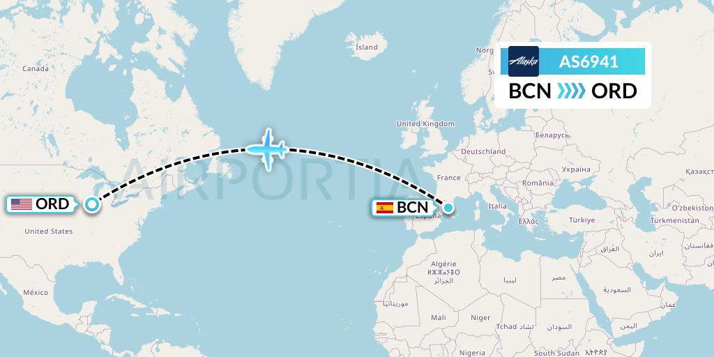 AS6941 Alaska Airlines Flight Map: Barcelona to Chicago