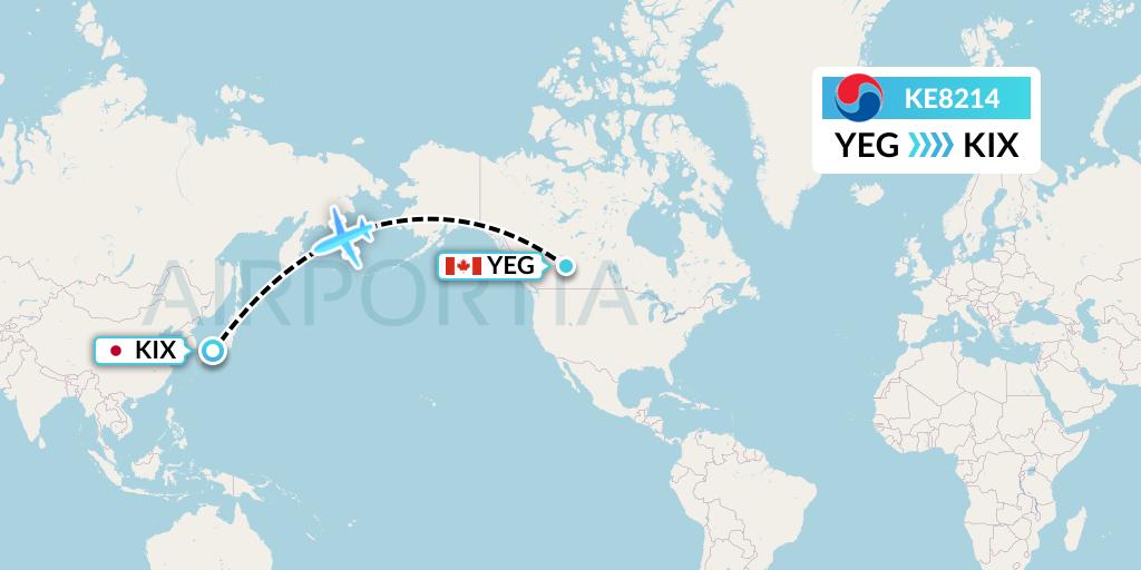 KE8214 Korean Air Flight Map: Edmonton to Osaka