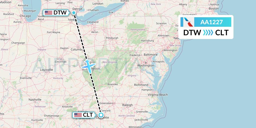 AA1227 American Airlines Flight Map: Detroit to Charlotte
