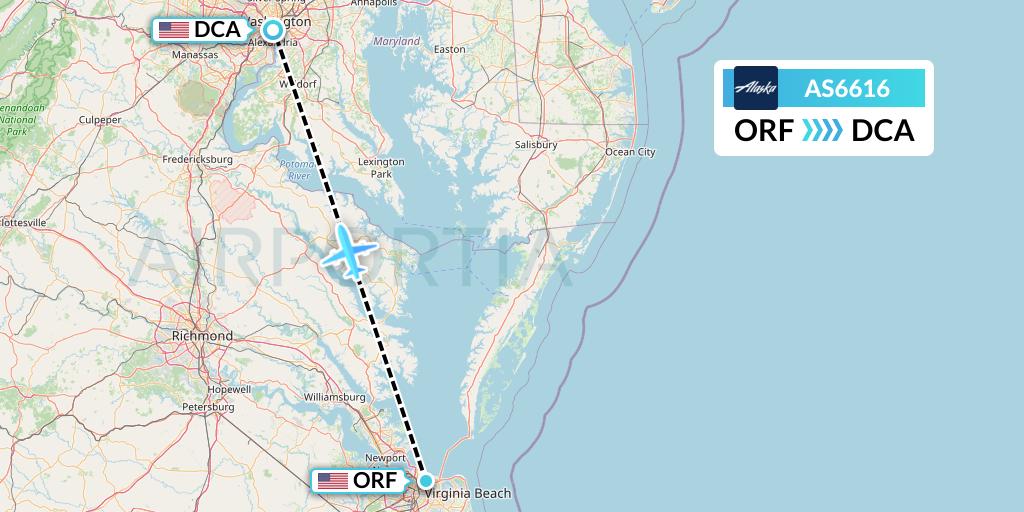 AS6616 Alaska Airlines Flight Map: Norfolk to Washington