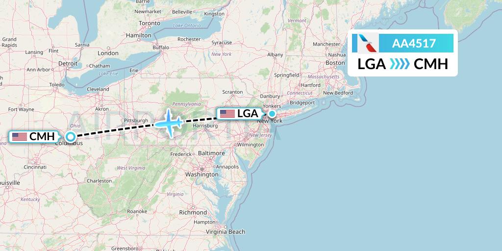 AA4517 American Airlines Flight Map: New York to Columbus