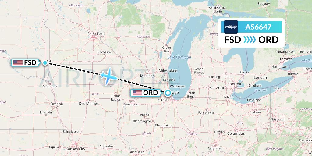 AS6647 Alaska Airlines Flight Map: Sioux Falls to Chicago