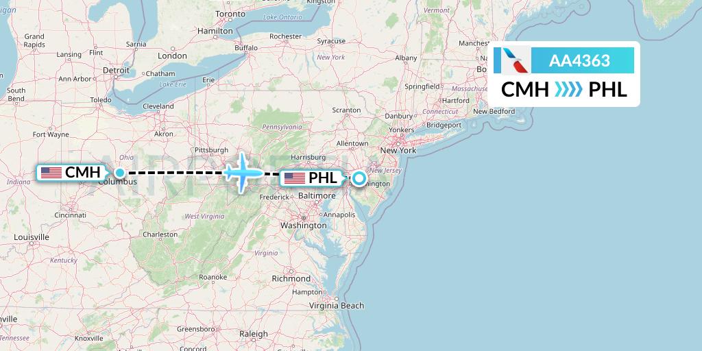 AA4363 American Airlines Flight Map: Columbus to Philadelphia