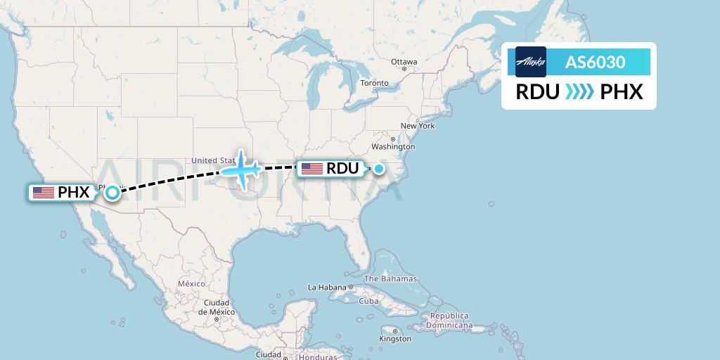 AS6030 Alaska Airlines Flight Map: Raleigh-Durham to Phoenix
