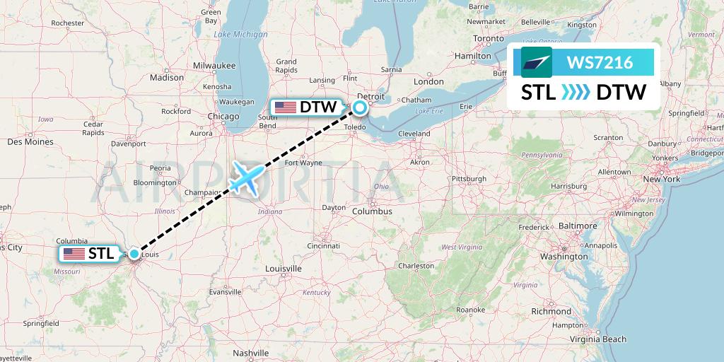 WS7216 WestJet Flight Map: St. Louis to Detroit