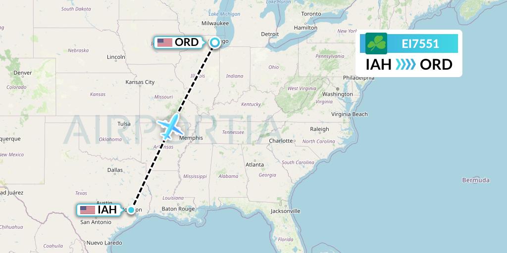 EI7551 Aer Lingus Flight Map: Houston to Chicago