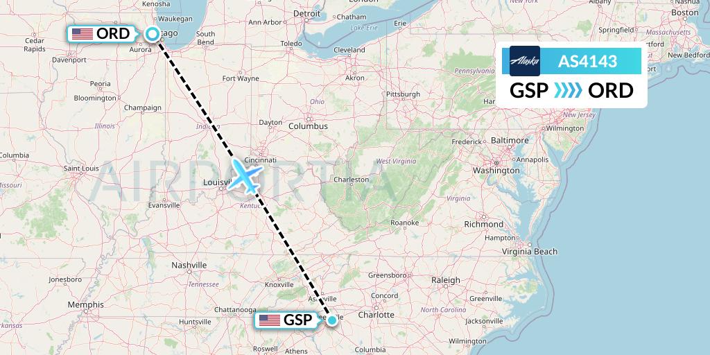 AS4143 Alaska Airlines Flight Map: Greenville-Spartanburg to Chicago