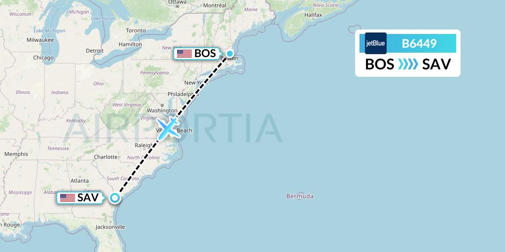 B6449 JetBlue Airways Flight Map: Boston to Savannah