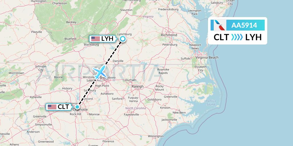 AA5914 American Airlines Flight Map: Charlotte to Lynchburg