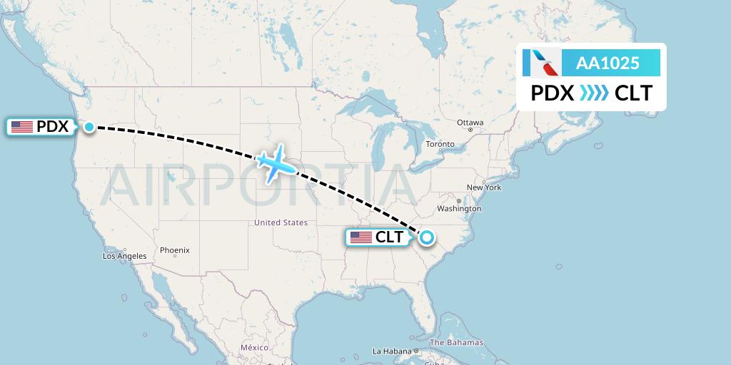 AA1025 American Airlines Flight Map: Portland to Charlotte