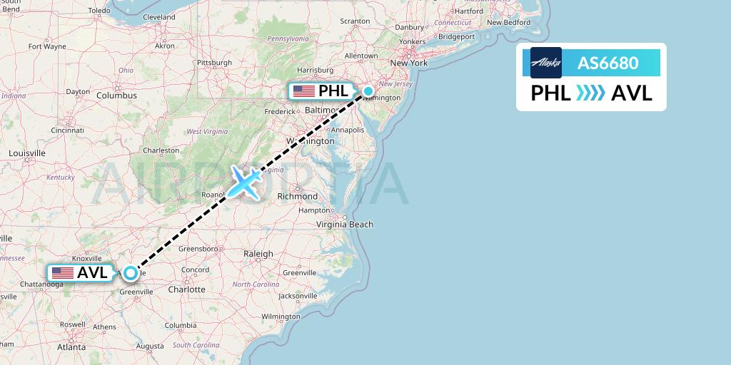 AS6680 Alaska Airlines Flight Map: Philadelphia to Asheville