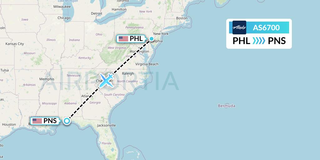 AS6700 Alaska Airlines Flight Map: Philadelphia to Pensacola