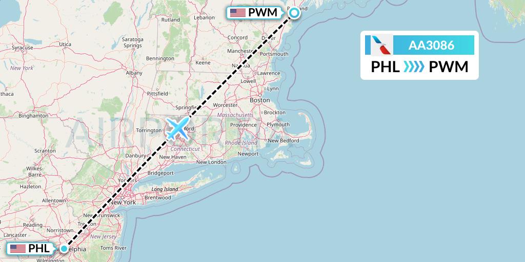 AA3086 American Airlines Flight Map: Philadelphia to Portland
