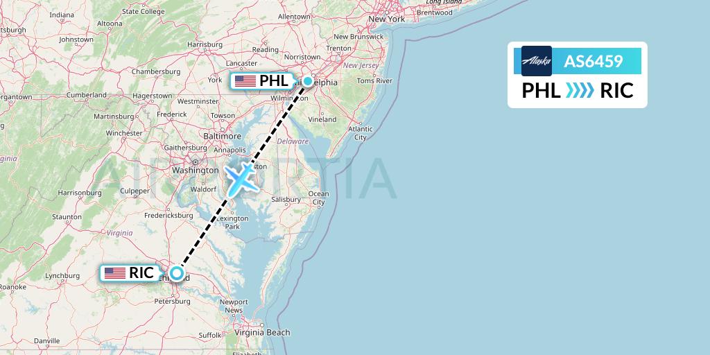 AS6459 Alaska Airlines Flight Map: Philadelphia to Richmond