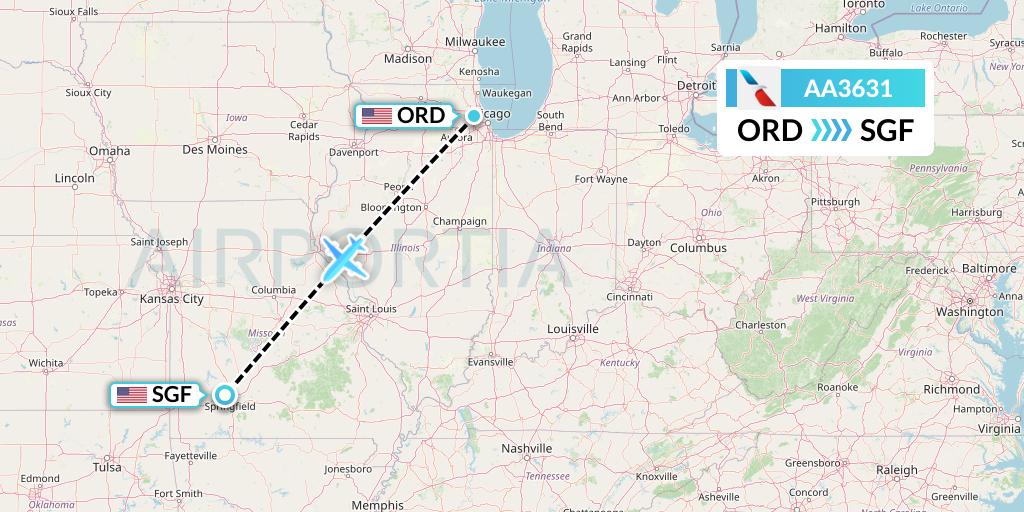 AA3631 American Airlines Flight Map: Chicago to Springfield