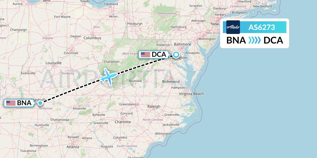 AS6273 Alaska Airlines Flight Map: Nashville to Washington