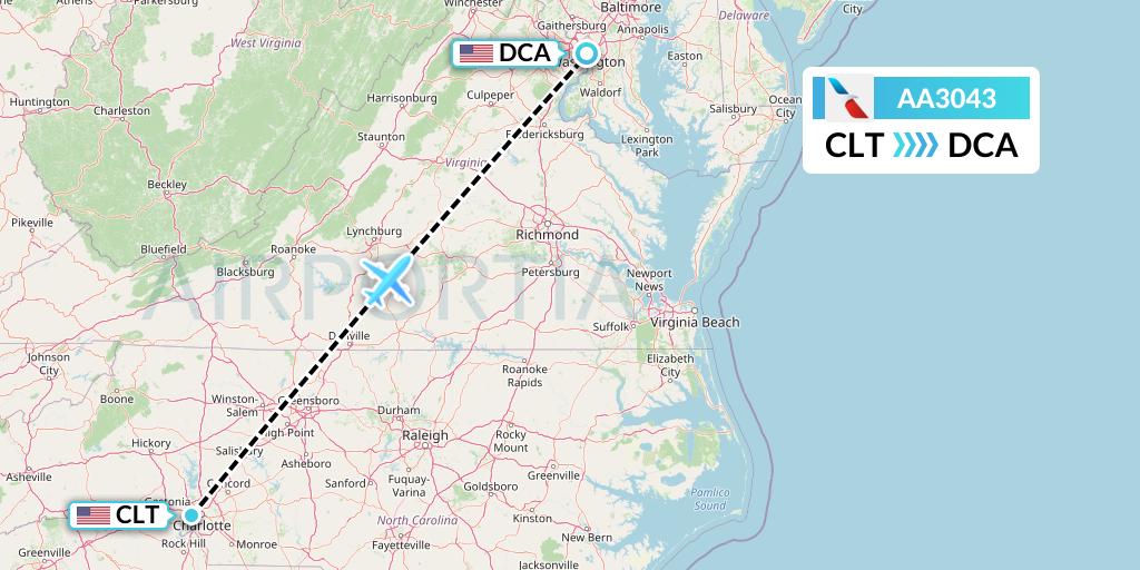 AA3043 American Airlines Flight Map: Charlotte to Washington