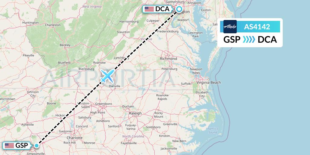AS4142 Alaska Airlines Flight Map: Greenville-Spartanburg to Washington