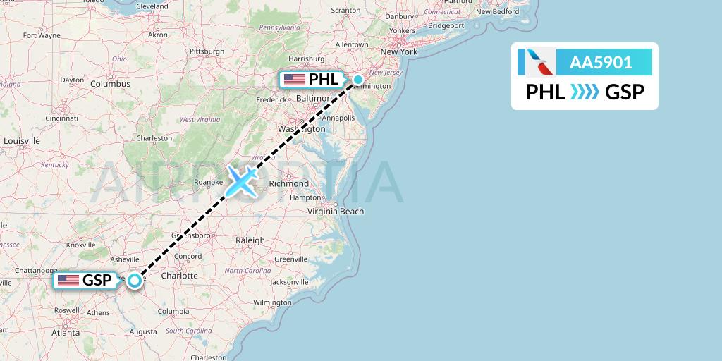 AA5901 American Airlines Flight Map: Philadelphia to Greenville-Spartanburg