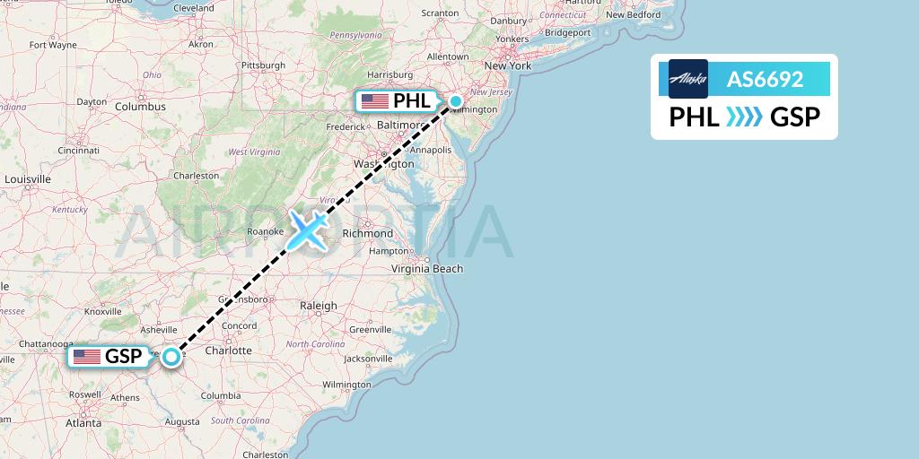 AS6692 Alaska Airlines Flight Map: Philadelphia to Greenville-Spartanburg