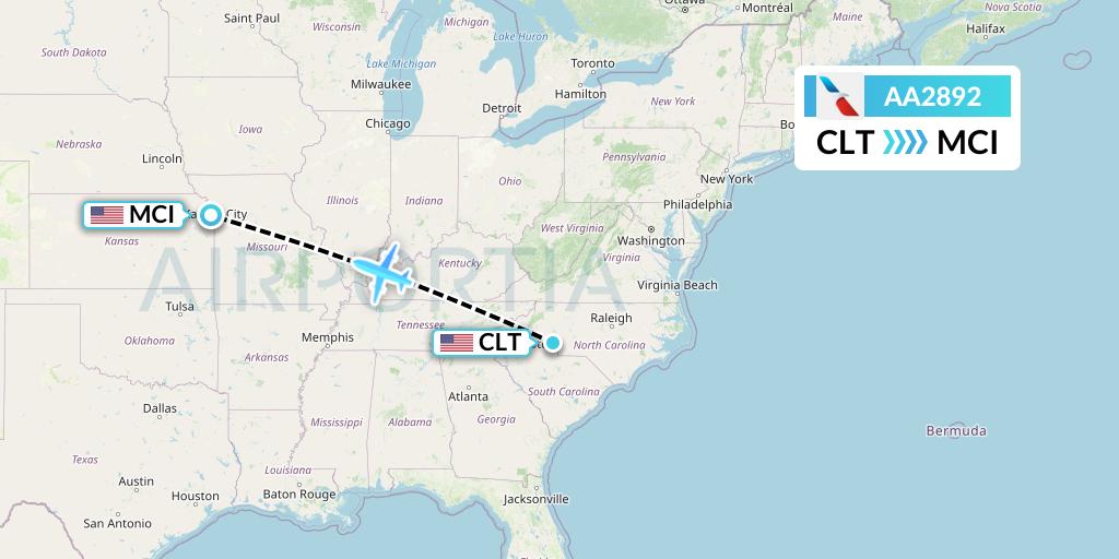 AA2892 American Airlines Flight Map: Charlotte to Kansas City