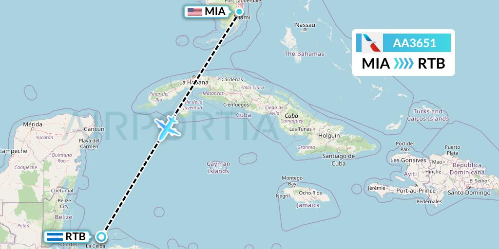 AA3651 American Airlines Flight Map: Miami to Roatan