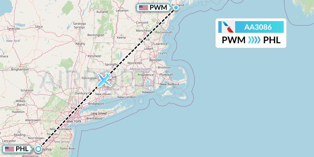 AA3086 American Airlines Flight Map: Portland to Philadelphia