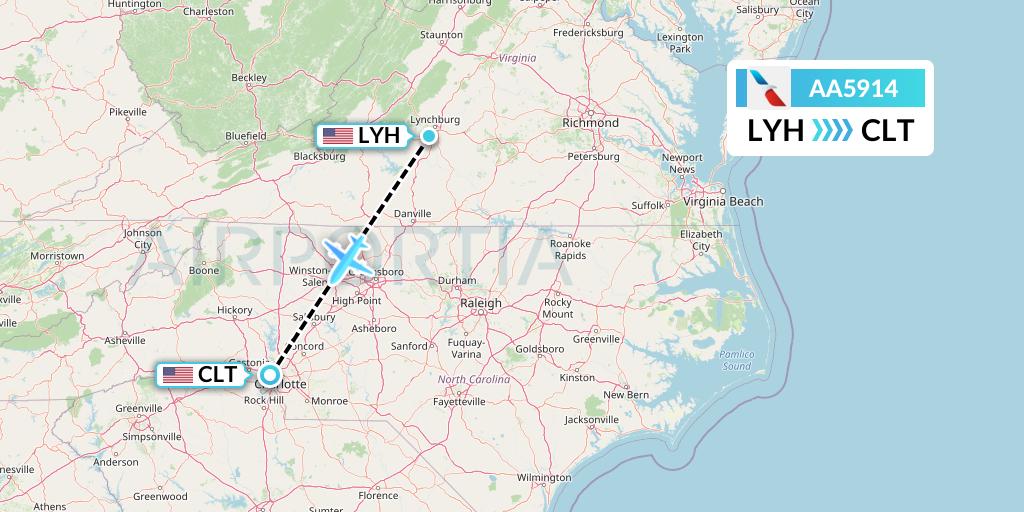 AA5914 American Airlines Flight Map: Lynchburg to Charlotte