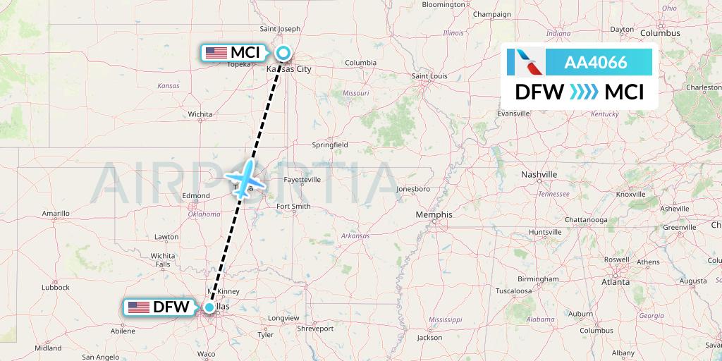 AA4066 American Airlines Flight Map: Dallas to Kansas City