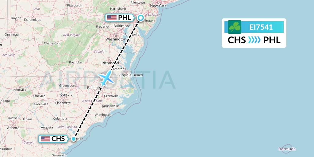 EI7541 Aer Lingus Flight Map: Charleston to Philadelphia