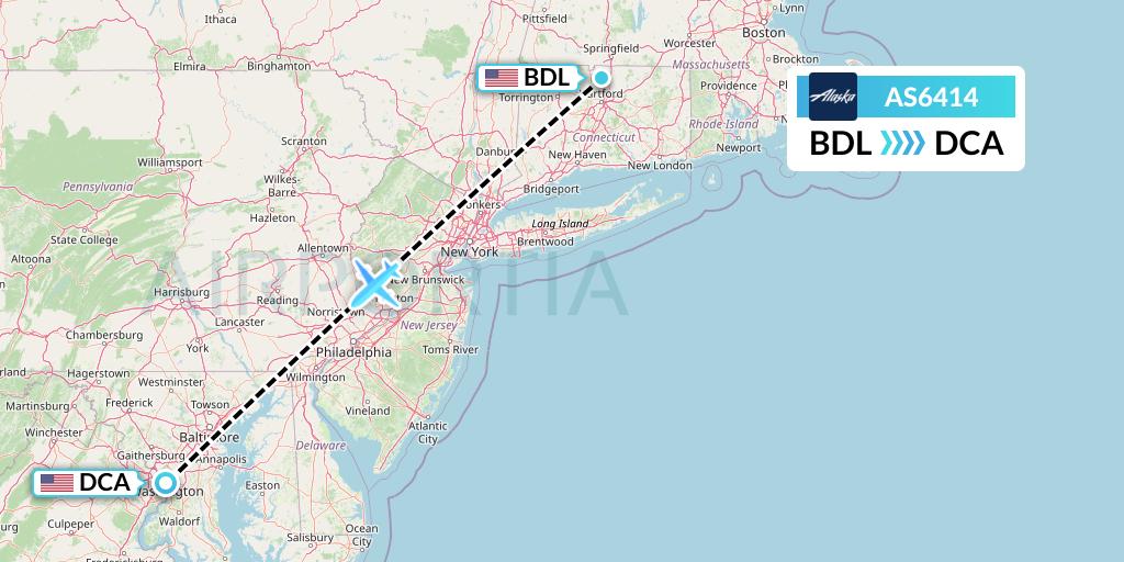 AS6414 Alaska Airlines Flight Map: Windsor Locks to Washington