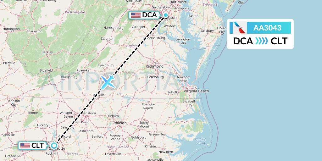 AA3043 American Airlines Flight Map: Washington to Charlotte