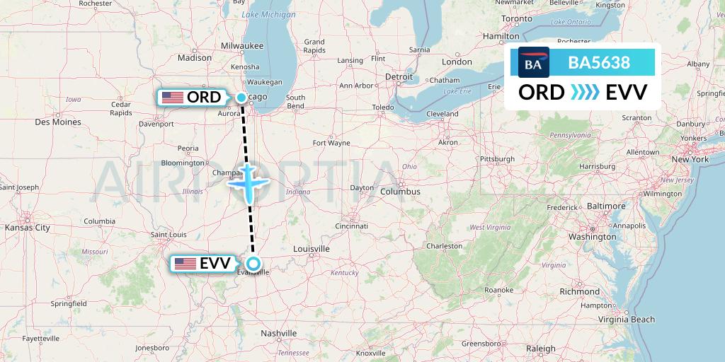 BA5638 British Airways Flight Map: Chicago to Evansville