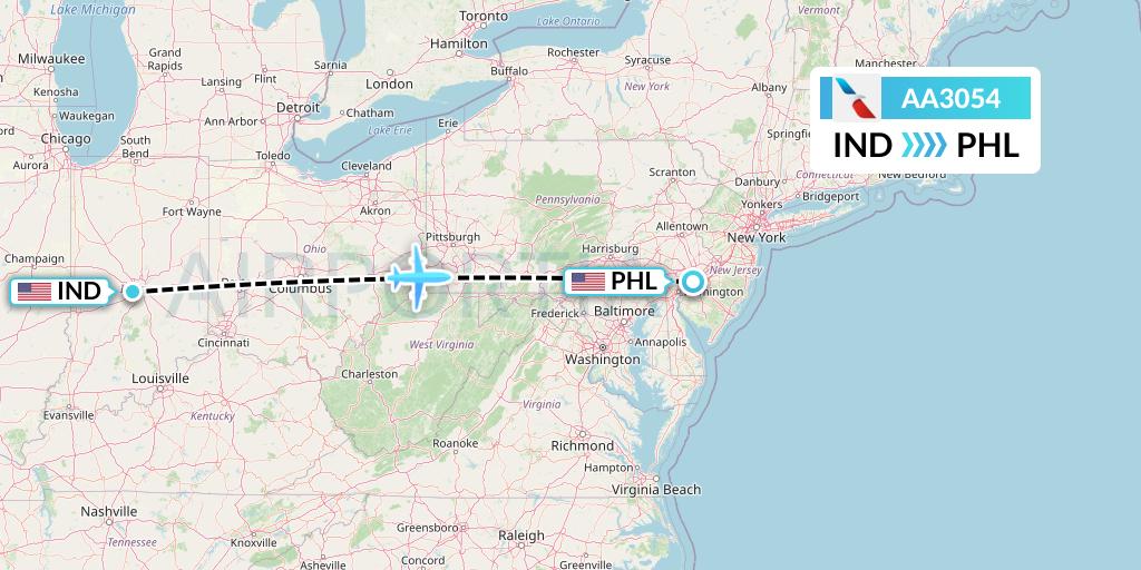 AA3054 American Airlines Flight Map: Indianapolis to Philadelphia