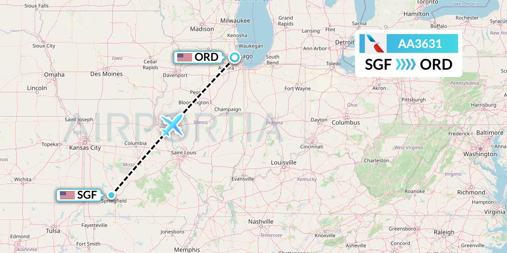 AA3631 American Airlines Flight Map: Springfield to Chicago