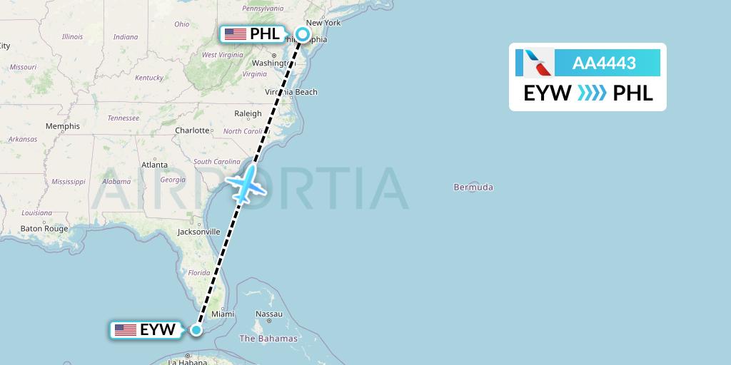 AA4443 American Airlines Flight Map: Key West to Philadelphia