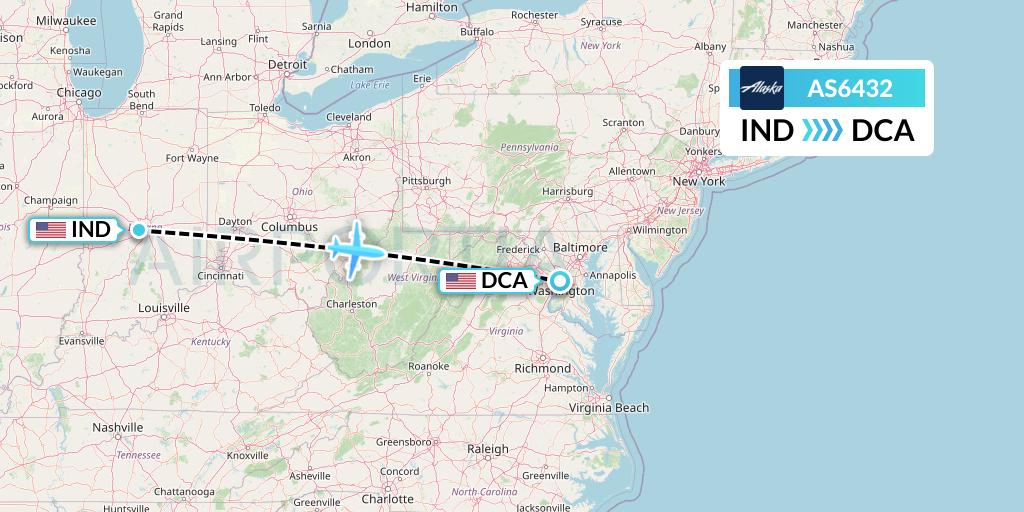 AS6432 Alaska Airlines Flight Map: Indianapolis to Washington