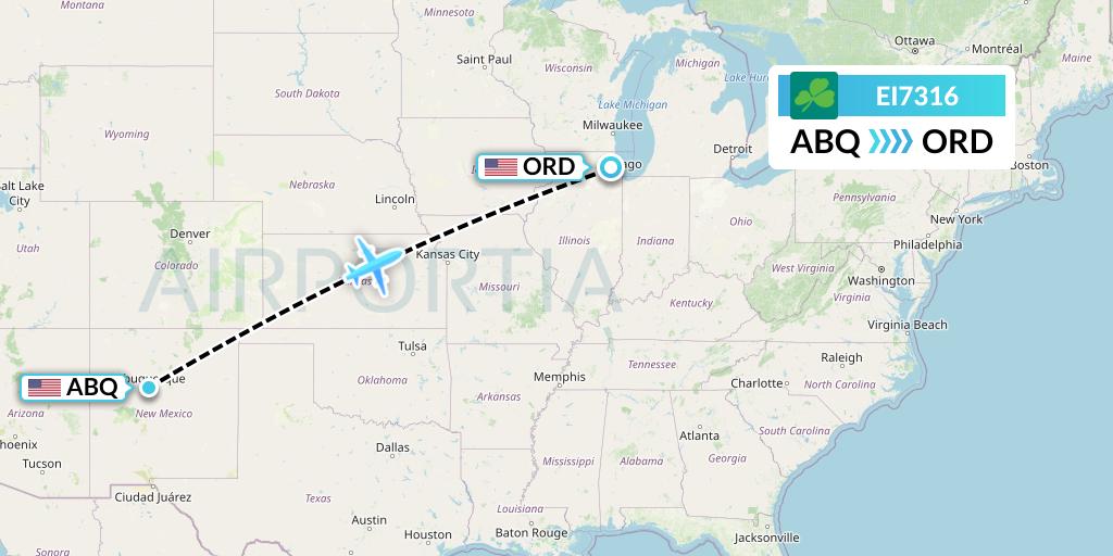 EI7316 Aer Lingus Flight Map: Albuquerque to Chicago