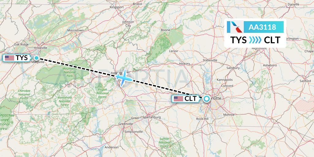 AA3118 American Airlines Flight Map: Knoxville to Charlotte
